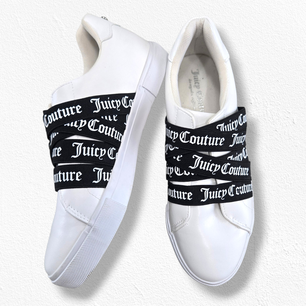 Juicy Couture Carrie White Black Logo Strap Slip-On Statement Sneakers Size 7.5
